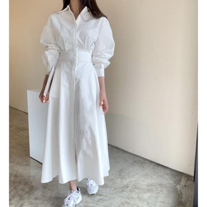 骨格ウェーブ服ウエストタックカラーワンピース
