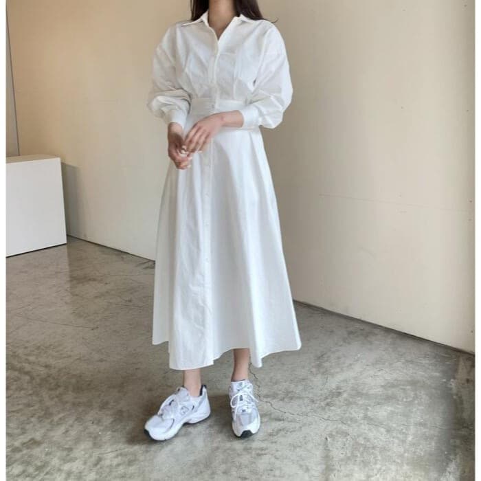 骨格ウェーブ服ウエストタックカラーワンピース