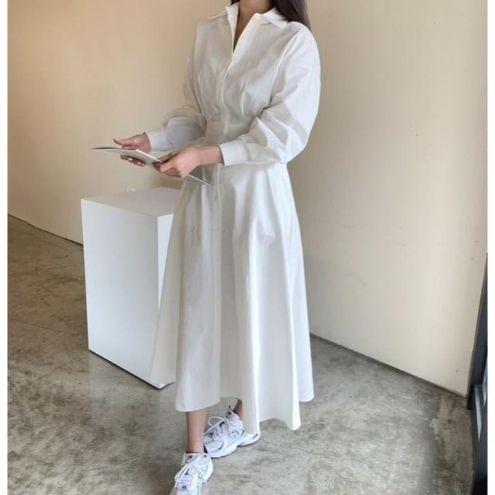 骨格ウェーブ服ウエストタックカラーワンピース