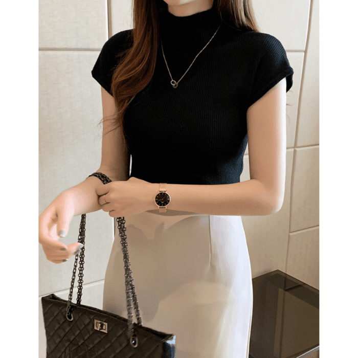 骨格ウェーブ服ハイネックカラーニットトップス