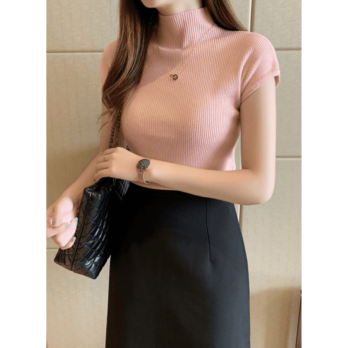 骨格ウェーブ服ハイネックカラーニットトップス
