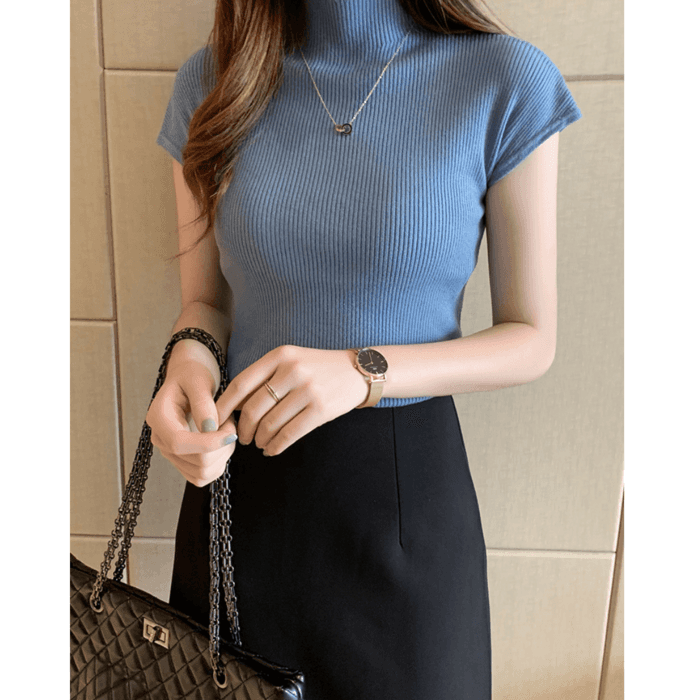 骨格ウェーブ服ハイネックカラーニットトップス