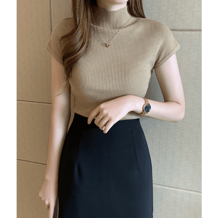 骨格ウェーブ服ハイネックカラーニットトップス