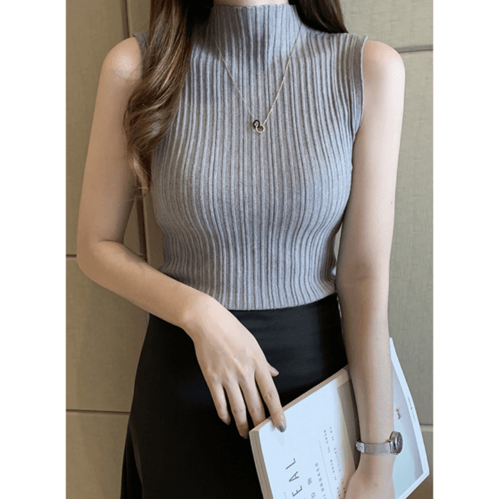 骨格ウェーブ服ハイネックノースリーブニットトップス