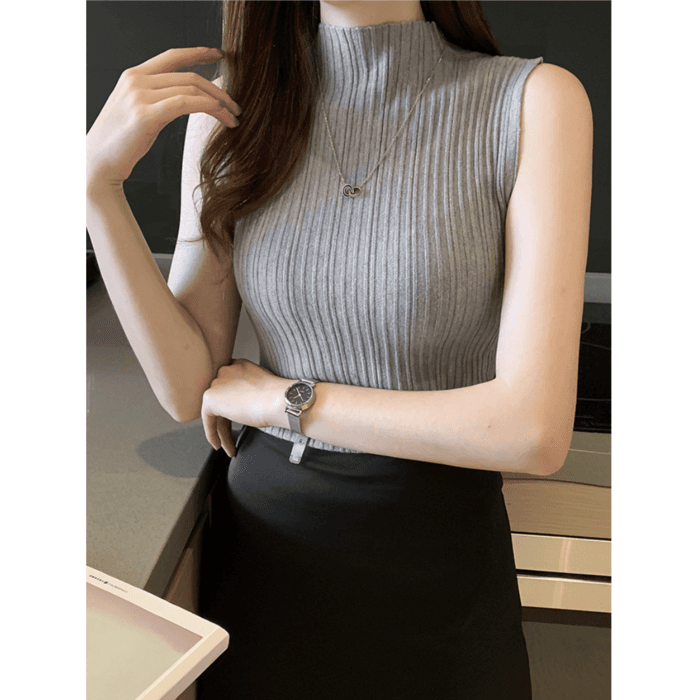 骨格ウェーブ服ハイネックノースリーブニットトップス