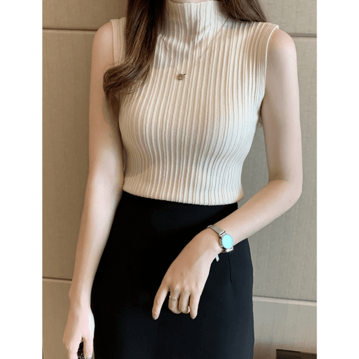 骨格ウェーブ服ハイネックノースリーブニットトップス