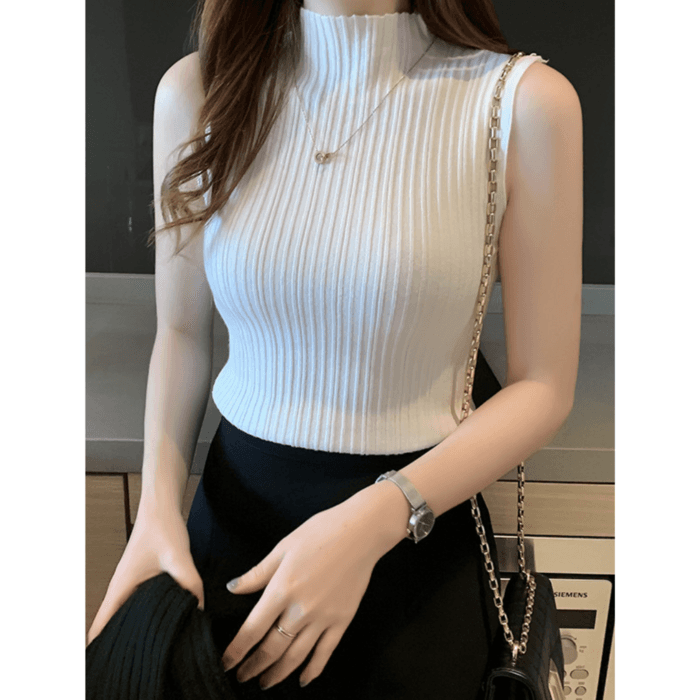 骨格ウェーブ服ハイネックノースリーブニットトップス