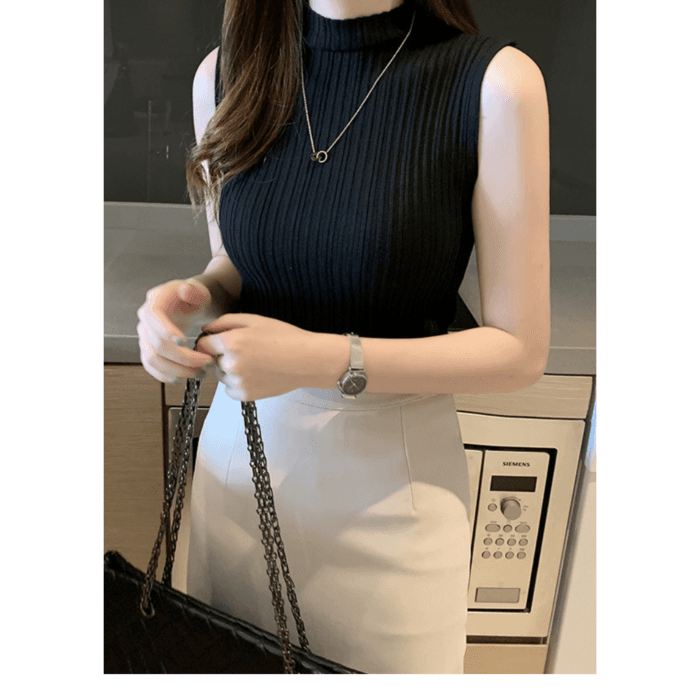 骨格ウェーブ服ハイネックノースリーブニットトップス