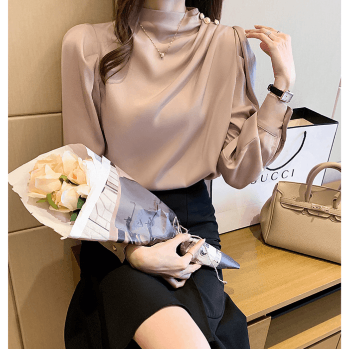 骨格ウェーブ服タックネックトップス