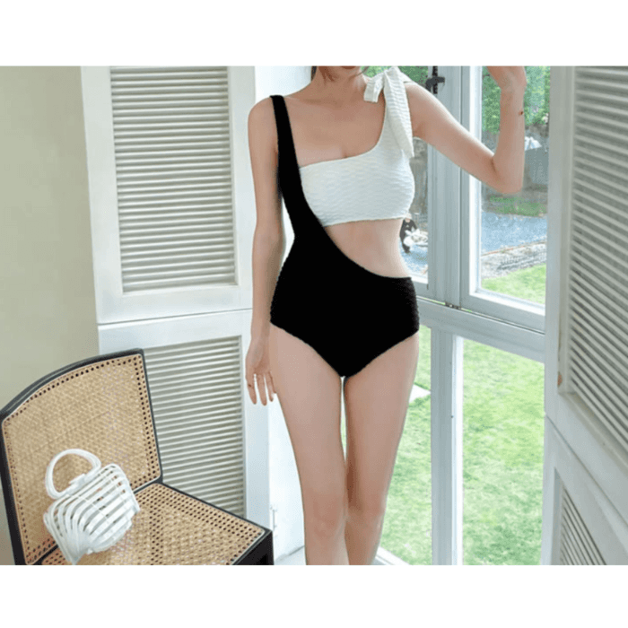 骨格ウェーブ服サイドリボンワンピース水着
