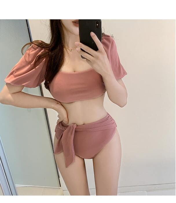 骨格ウェーブ服パフスリーブ水着