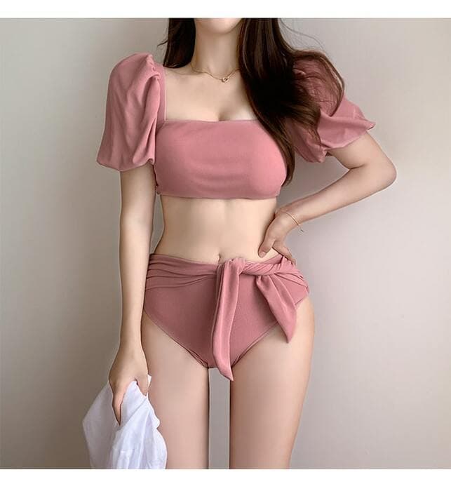 骨格ウェーブ服パフスリーブ水着