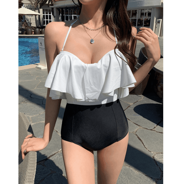 骨格ウェーブ服フロントフリル水着
