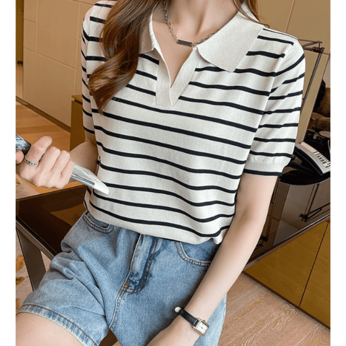 骨格ウェーブキーネックボーダーTシャツトップス