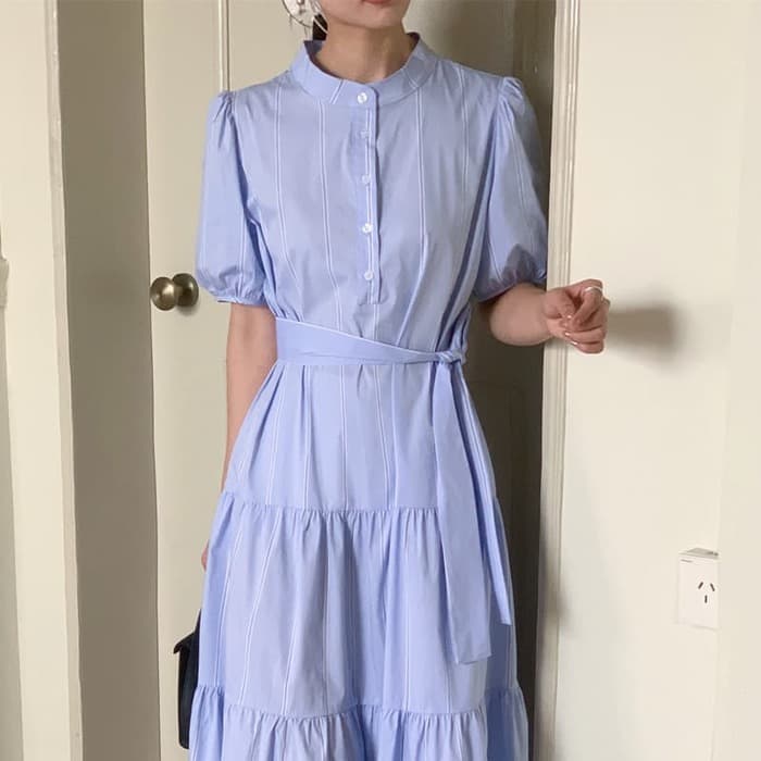 骨格ウェーブスタンドカラーティアードワンピース