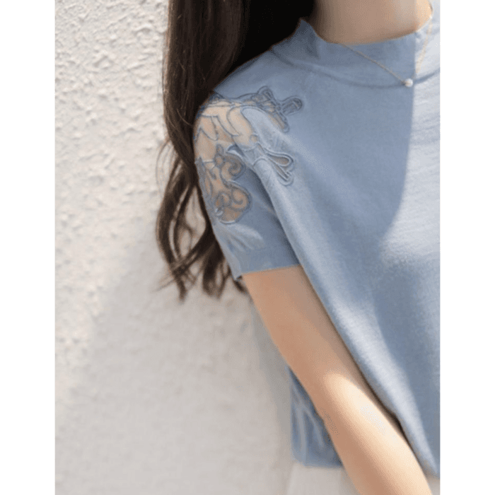 骨格ウェーブショルダーレースTシャツトップス