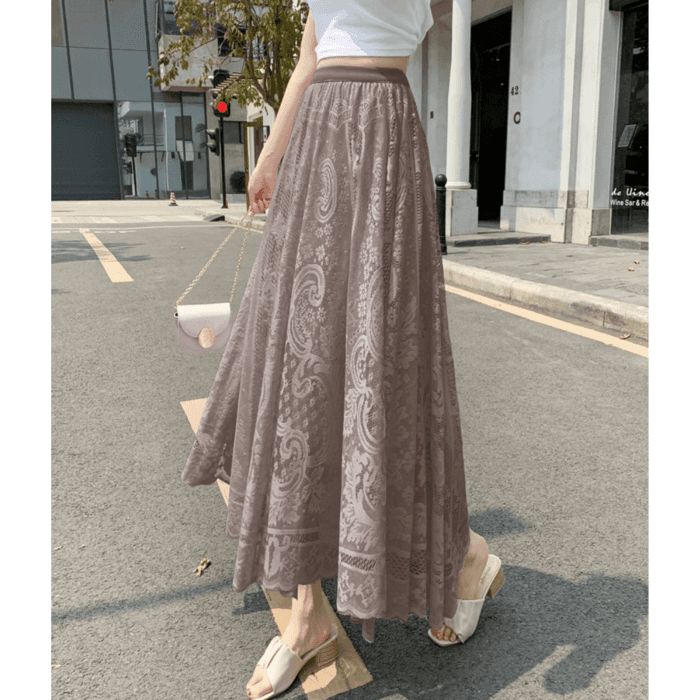 骨格ウェーブロング丈チュールレースフレアスカート