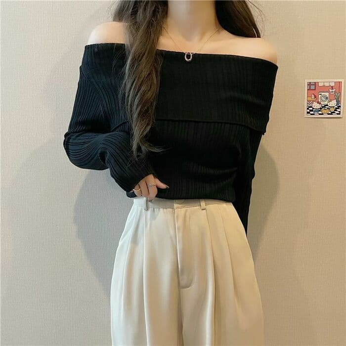 骨格ウェーブオフショルダーリブトップス
