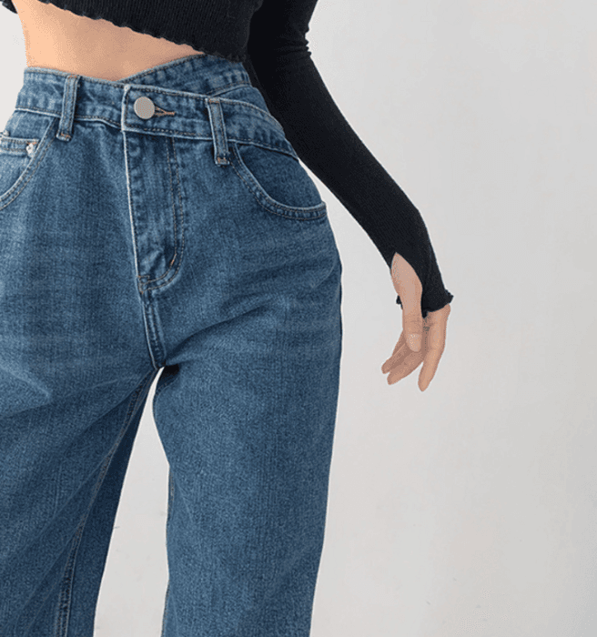 骨格ウェーブウエストアクセントストレートデニムパンツ