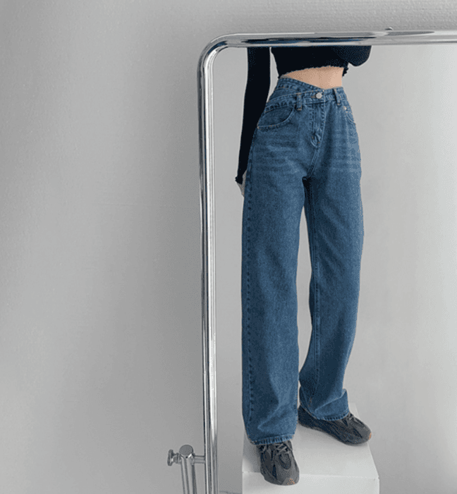 骨格ウェーブウエストアクセントストレートデニムパンツ