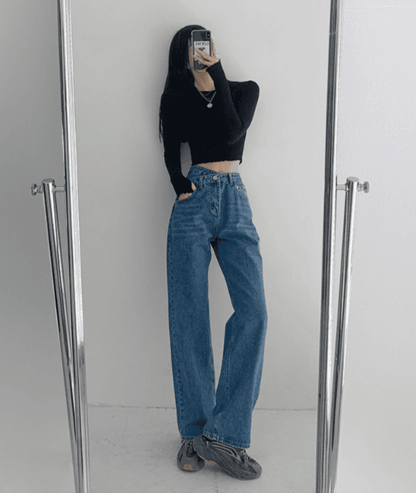 骨格ウェーブウエストアクセントストレートデニムパンツ