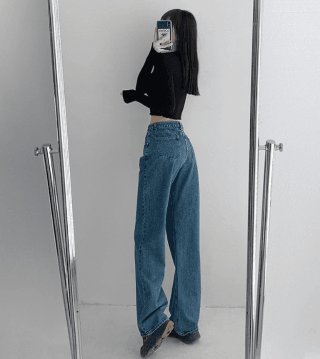 骨格ウェーブウエストアクセントストレートデニムパンツ