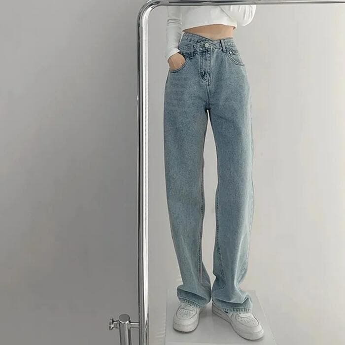 骨格ウェーブウエストアクセントストレートデニムパンツ