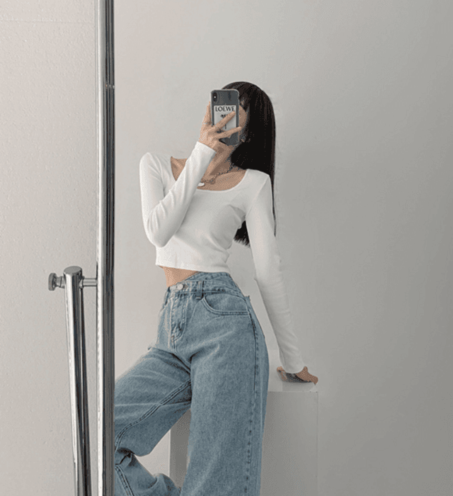 骨格ウェーブウエストアクセントストレートデニムパンツ