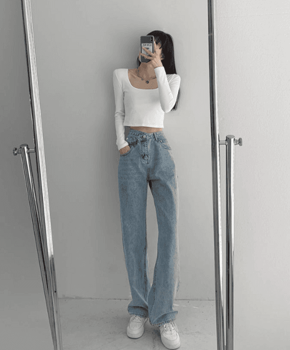 骨格ウェーブウエストアクセントストレートデニムパンツ