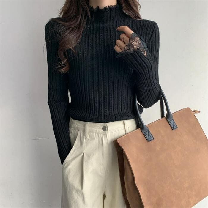 骨格ウェーブ服レイヤードレースニットトップス