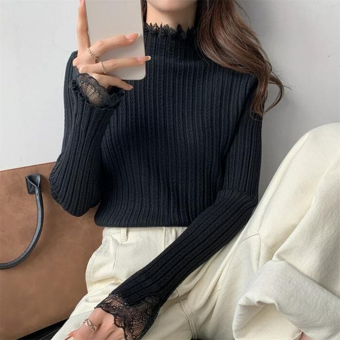 骨格ウェーブ服レイヤードレースニットトップス