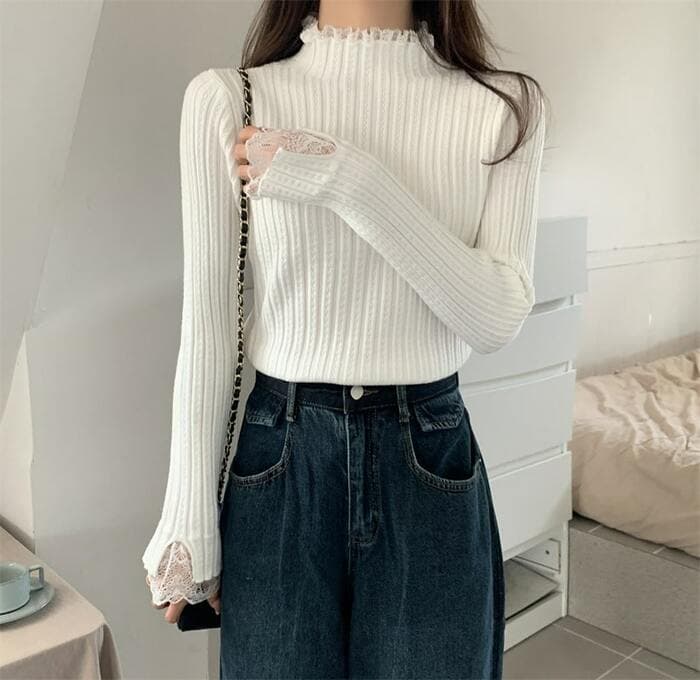 骨格ウェーブ服レイヤードレースニットトップス