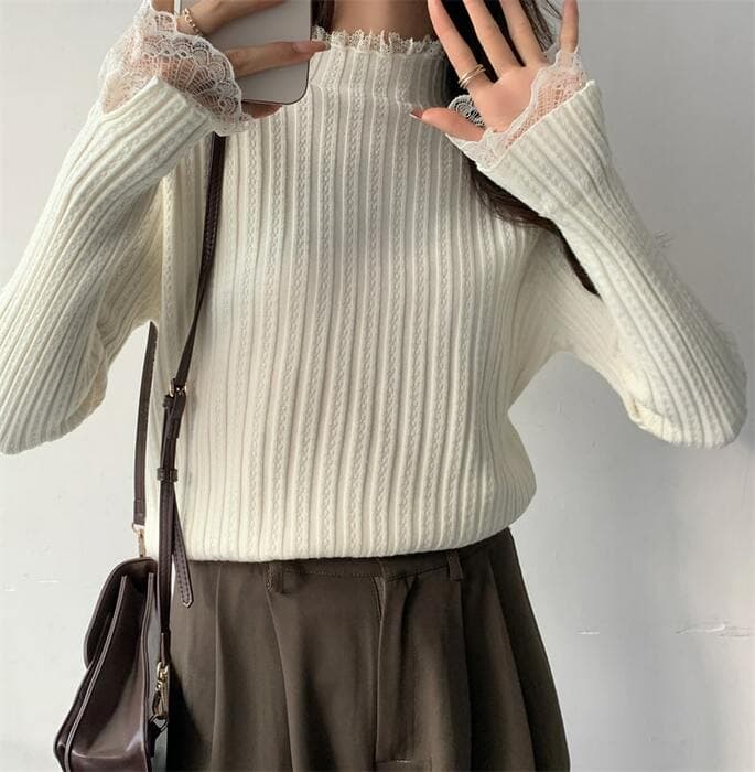 骨格ウェーブ服レイヤードレースニットトップス