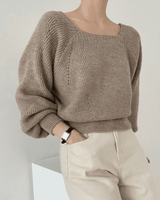 骨格ウェーブ服ショート丈スクエアネックニットトップス