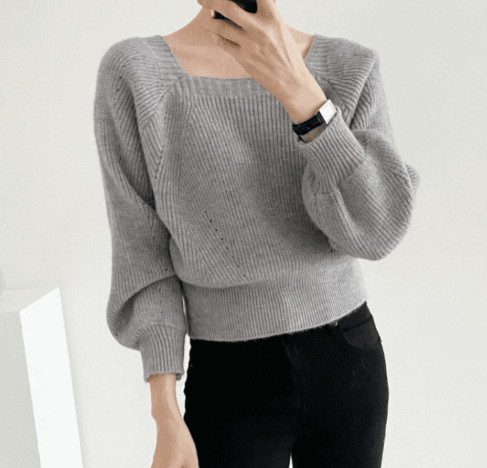骨格ウェーブ服ショート丈スクエアネックニットトップス