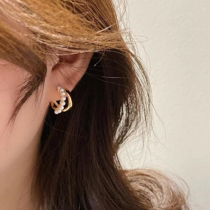 骨格ウェーブゴールド×パールフープピアス