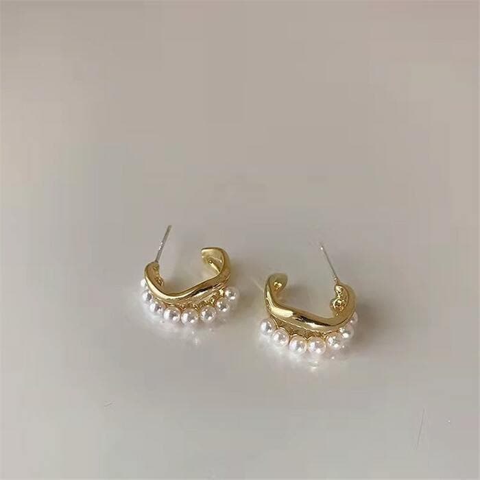 骨格ウェーブゴールド×パールフープピアス