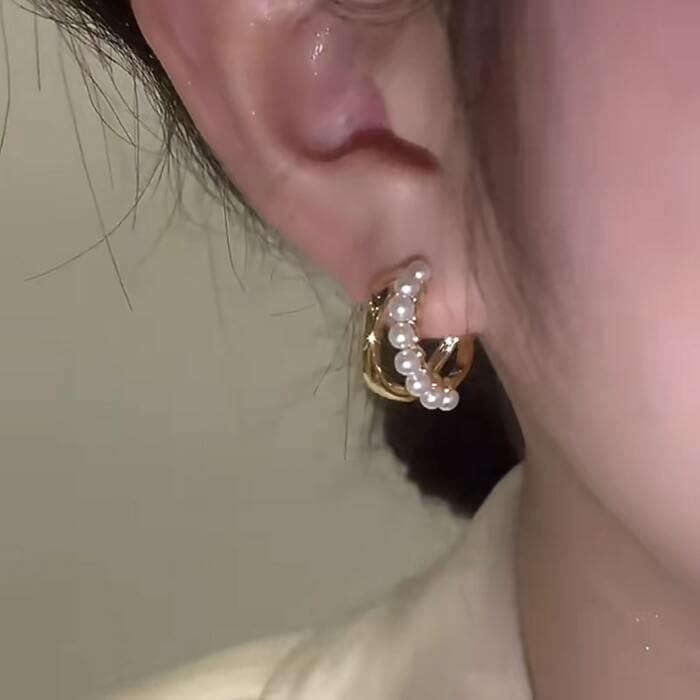 骨格ウェーブゴールド×パールフープピアス