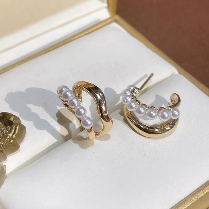 骨格ウェーブゴールド×パールフープピアス