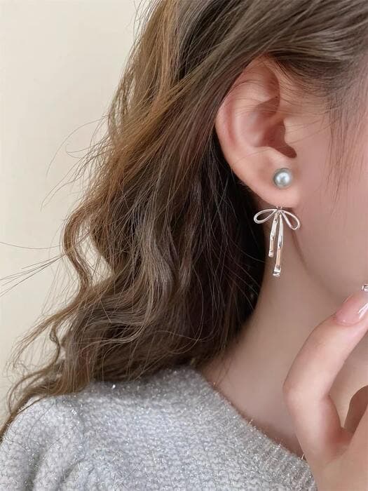 骨格ウェーブ2wayリボンキャッチグレーパールピアス
