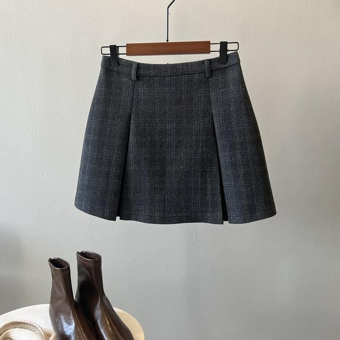 骨格ウェーブウール混チェックプリーツミニスカート