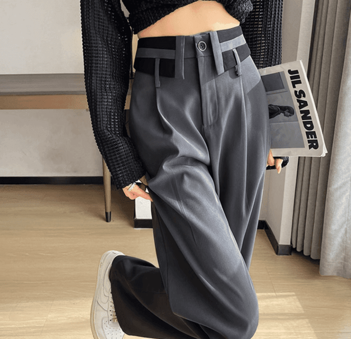 骨格ウェーブウエストコントラストカラーベルトハイウエストパンツ