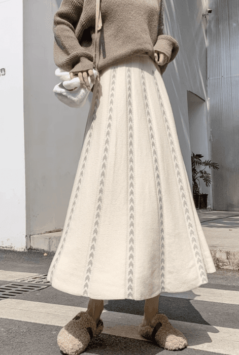 骨格ウェーブプリーツロングニットフレアスカート