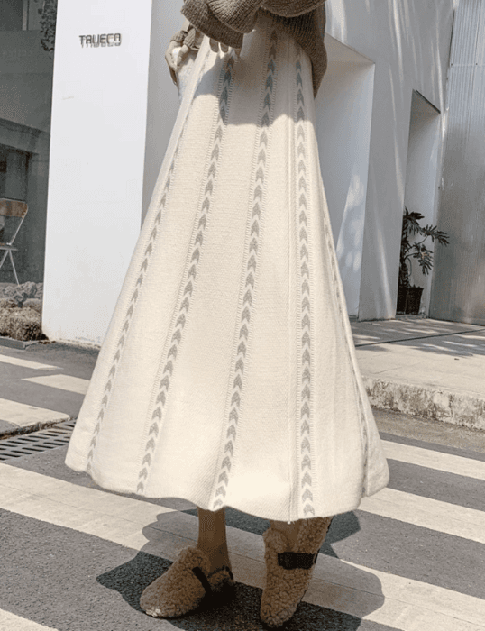 骨格ウェーブプリーツロングニットフレアスカート