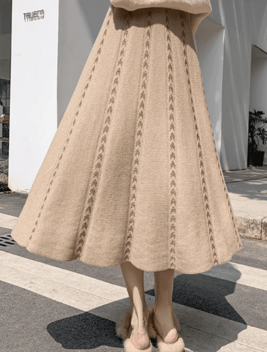 骨格ウェーブプリーツロングニットフレアスカート