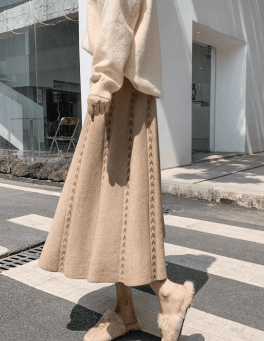 骨格ウェーブプリーツロングニットフレアスカート