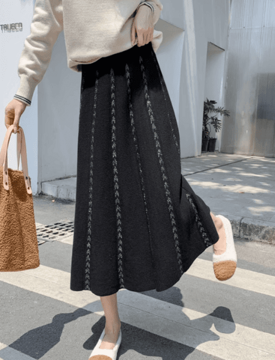 骨格ウェーブプリーツロングニットフレアスカート