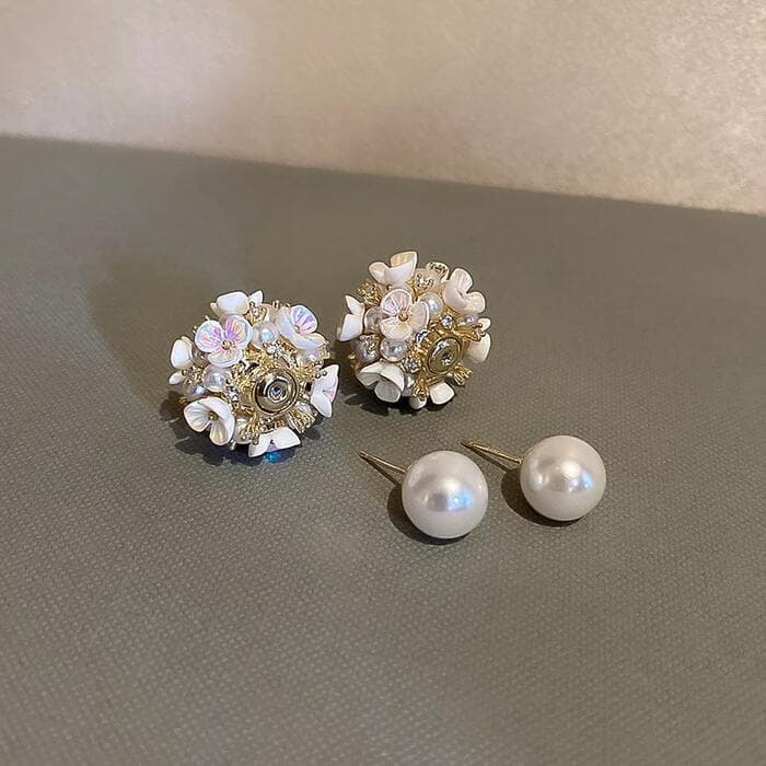 骨格ウェーフツーピースパール&フラワーピアス