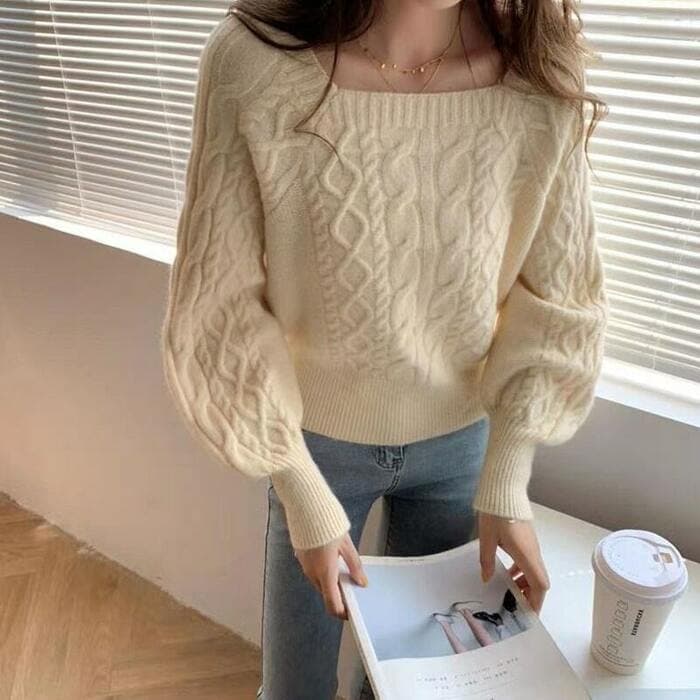 骨格ウェーブ服スクエアカラーニットトップス