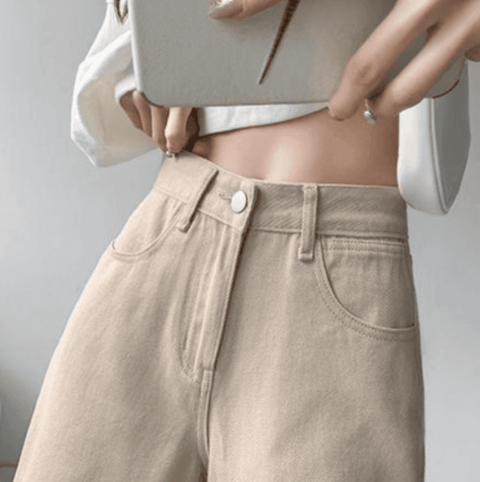 骨格ウェーブ服ハイウエストストレートデニムパンツ